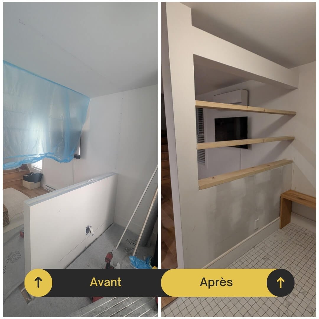 Avant et après modification d’une demi-division en murs tendance style bibliothèque.