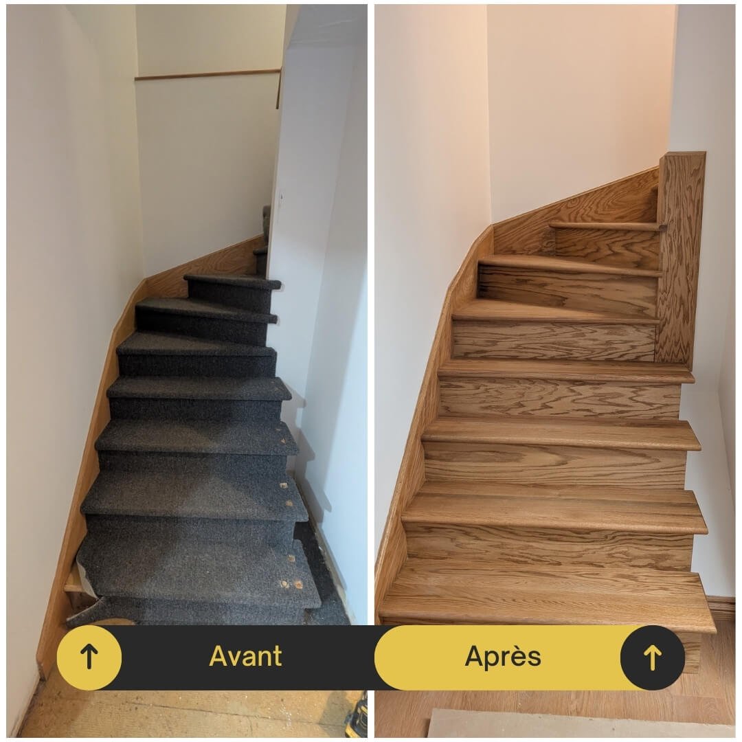 Avant et après : retrait des vieilles marches, refaites à neuf en chêne rouge et agencement de la teinture.