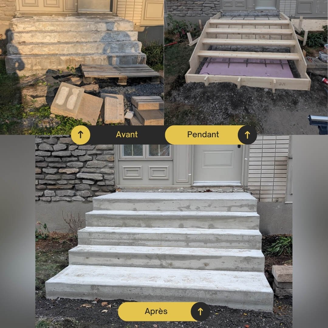 Avant, pendant et après la démolition complète d’un perron de béton, on a installé le coffrage, coulé le béton et fait la finition.
